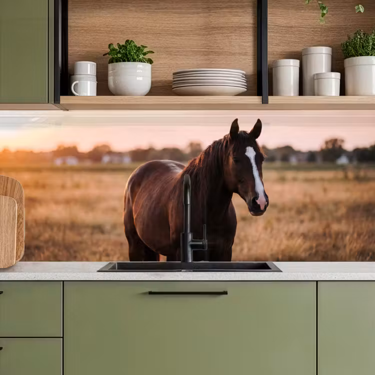Paard - Zonsondergang - Bruin keuken achterwand 2 middel -sfeer3