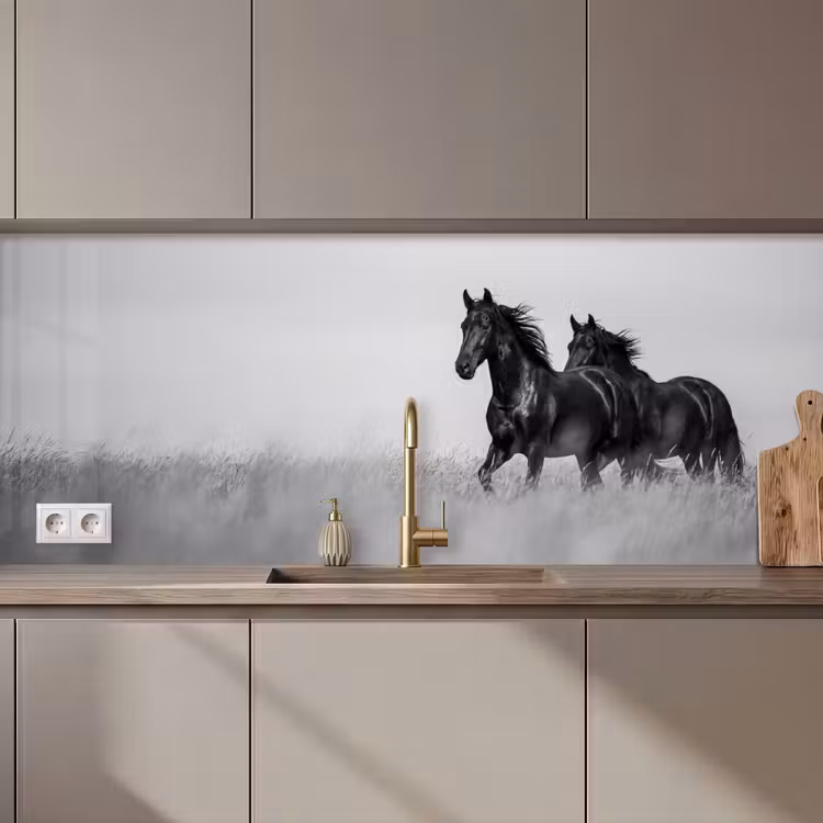 Paarden - Gras - Zwart - Wit keuken achterwand 2 middel zz_3dshopping
