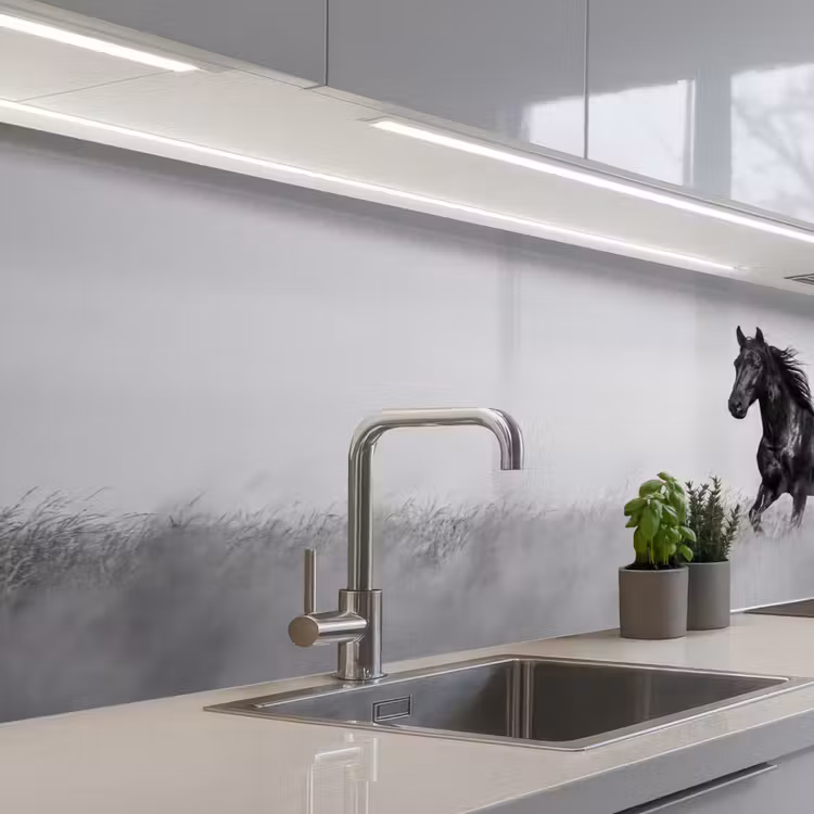 Paarden - Gras - Zwart - Wit keuken achterwand 2 middel -3d_schuin