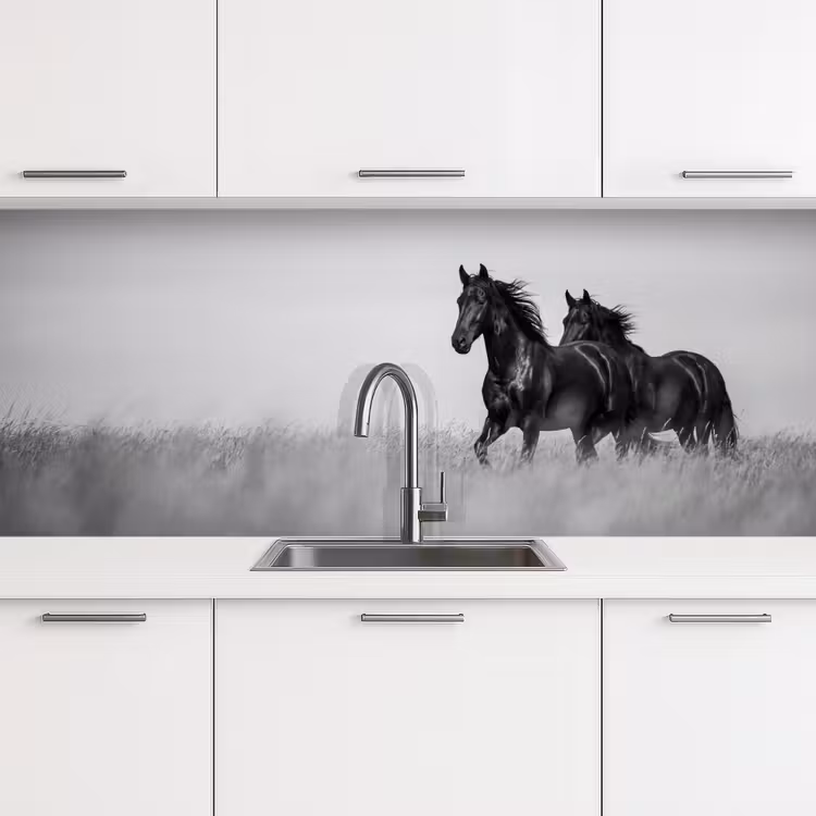 Paarden - Gras - Zwart - Wit keuken achterwand 2 middel -3d