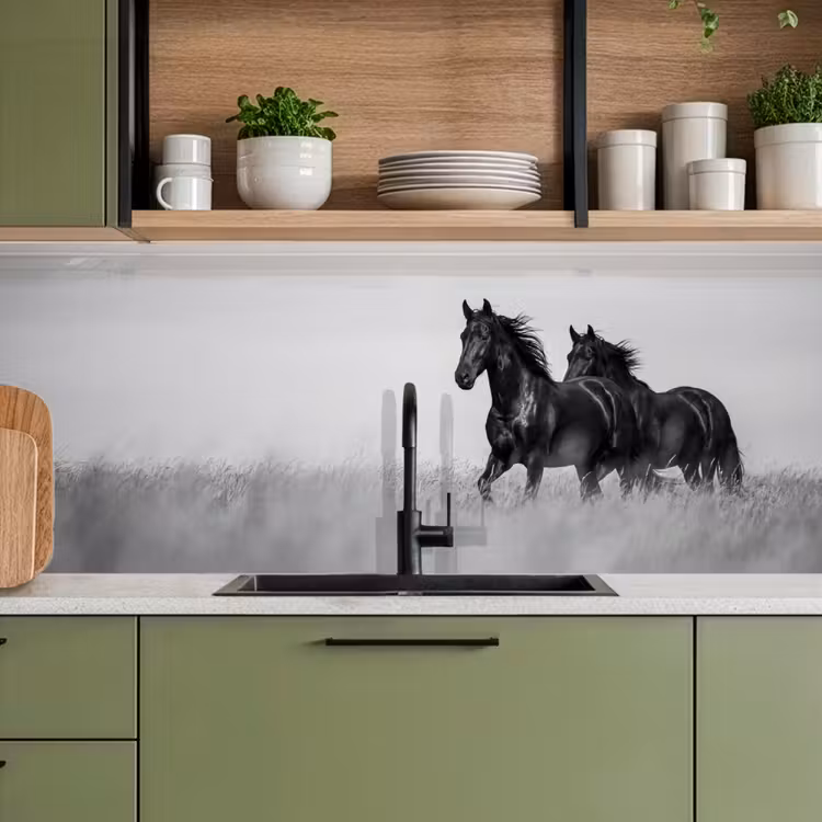 Paarden - Gras - Zwart - Wit keuken achterwand 2 middel -sfeer3