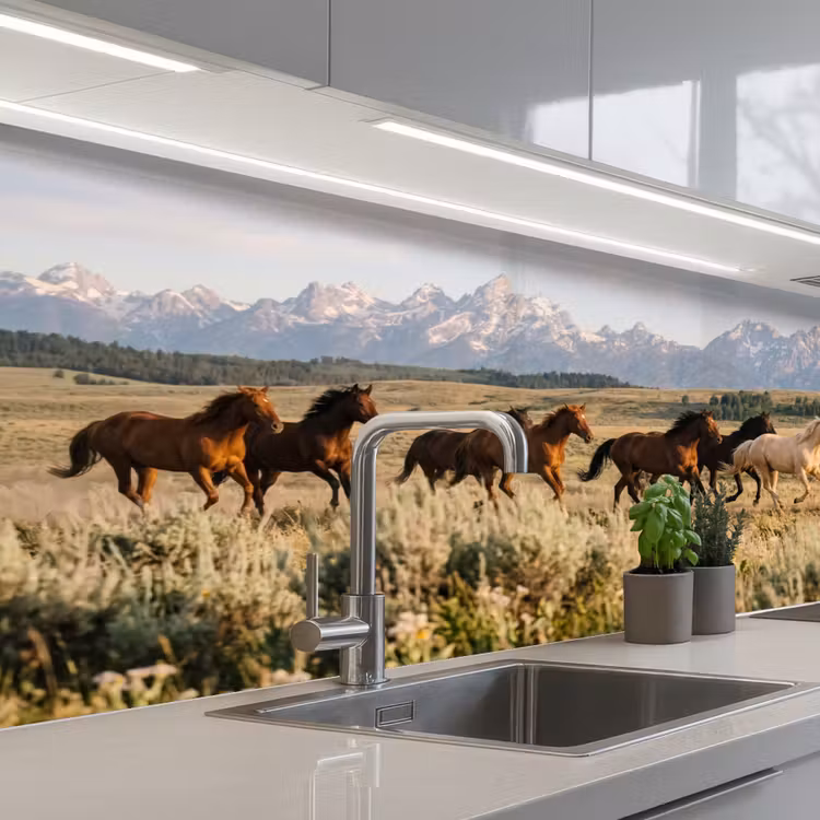 Paarden - Kudde - Bergen - Vrijheid - Wild keuken achterwand 2 middel -3d_schuin
