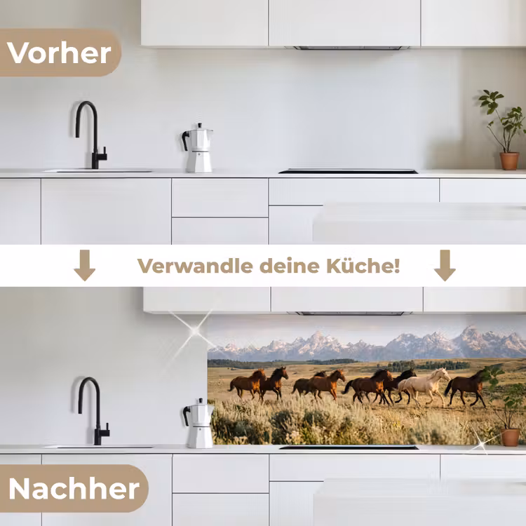 Paarden - Kudde - Bergen - Vrijheid - Wild keuken achterwand 2 middel -voor-na_DE