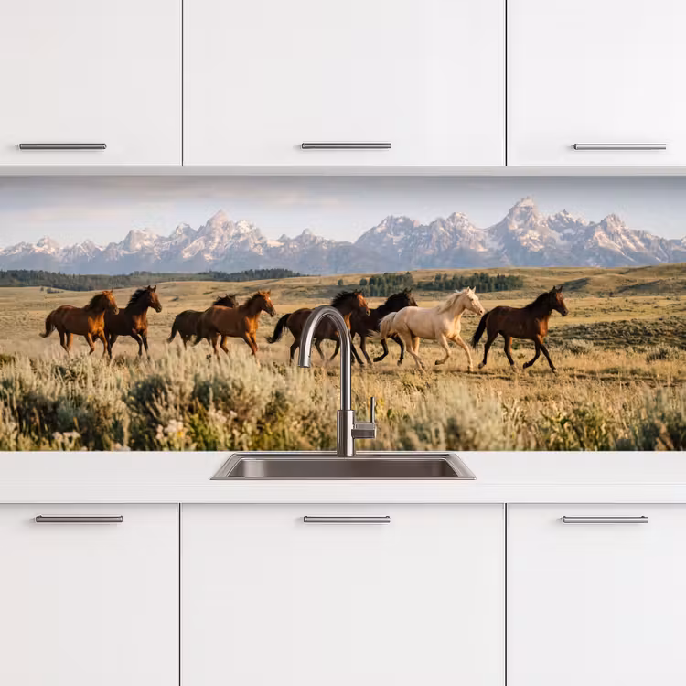 Paarden - Kudde - Bergen - Vrijheid - Wild keuken achterwand 2 middel -3d