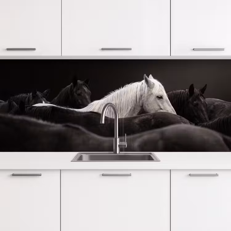 Paarden - Zwart - Wit - Kudde keuken achterwand 2 middel -3d