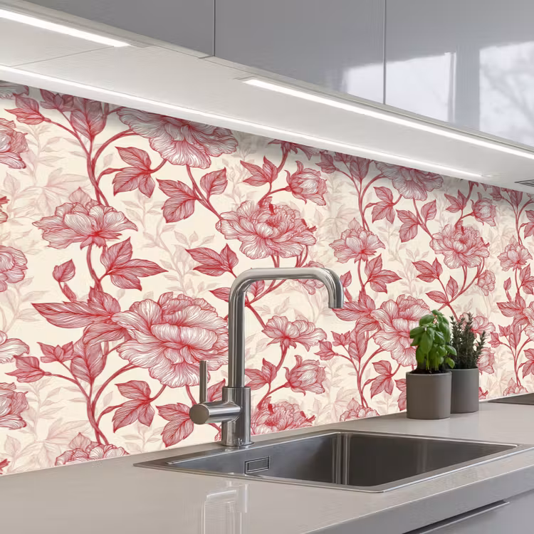 Pioenrozen - Modern - Rood keuken achterwand 2 middel 871 -3d_schuin