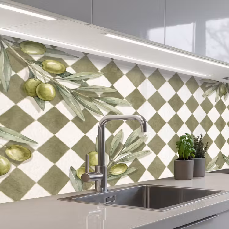 Plant - Olijftakken - Waterverf - Mediterraan - Groen keuken achterwand 2 middel -3d_schuin