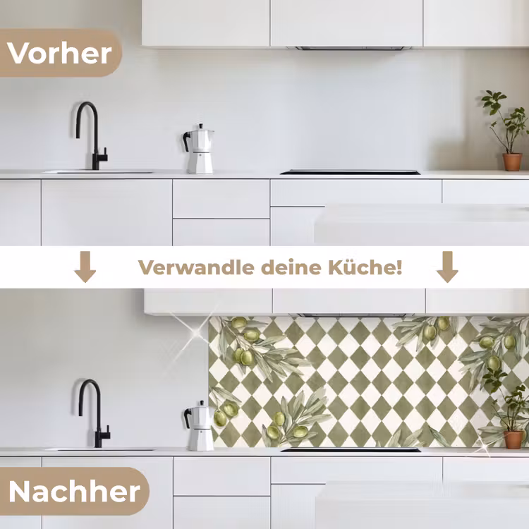Plant - Olijftakken - Waterverf - Mediterraan - Groen keuken achterwand 2 middel -voor-na_DE