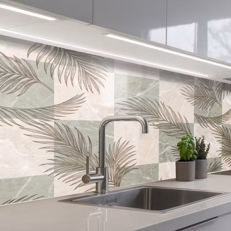 Planten - Bladeren - Marmer - Modern - Groen keuken achterwand 2 middel -3d_schuin
