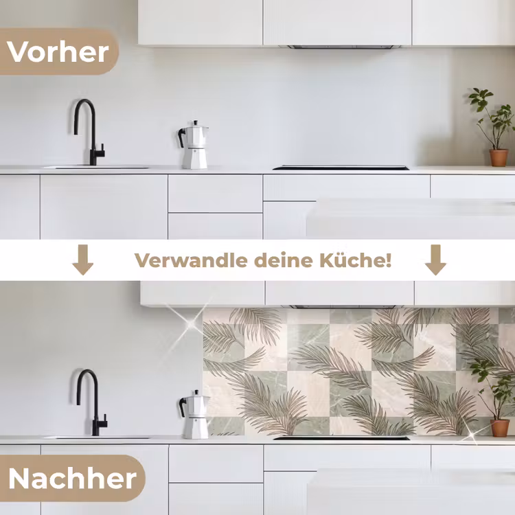 Planten - Bladeren - Marmer - Modern - Groen keuken achterwand 2 middel -voor-na_DE