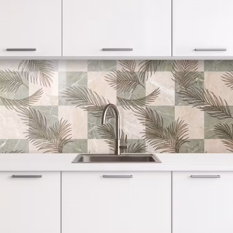 Planten - Bladeren - Marmer - Modern - Groen keuken achterwand 2 middel -3d