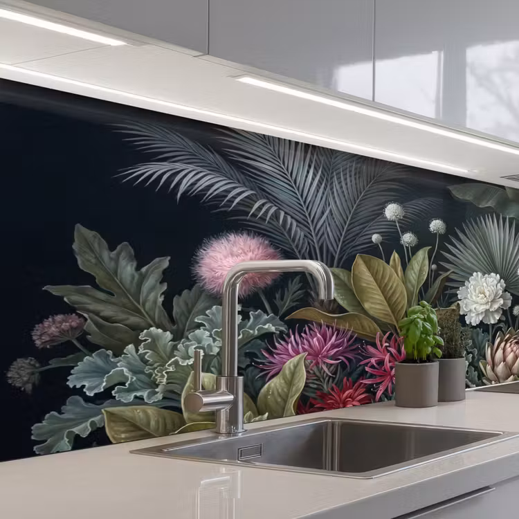 Planten - Tropisch - Botanisch - Donker - Groen keuken achterwand 2 middel -3d_schuin