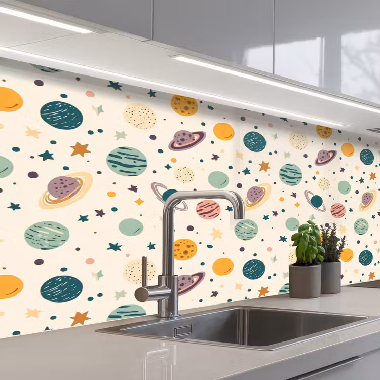 Planeten - Retro - Kleurrijk keuken achterwand 2 middel 871 -3d_schuin