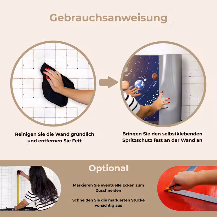 Planetenstelsel - Ruimte - Illustratie keuken achterwand spatscherm klein -gebruiksaanwijzing_DE