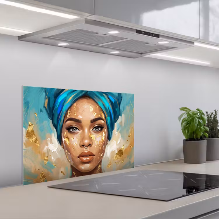 Portret - Vrouw - Schilderij - Blauw - Goud - Expressief keuken achterwand spatscherm klein -3d_schuin
