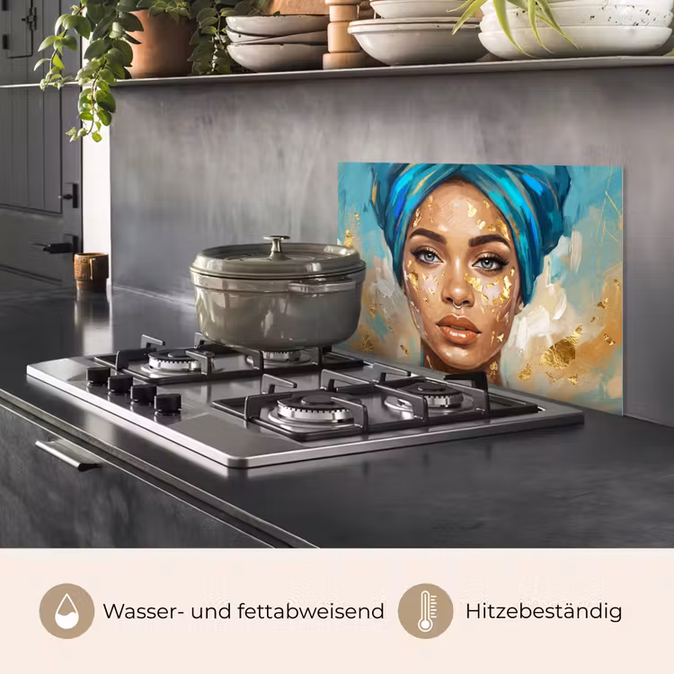 Portret - Vrouw - Schilderij - Blauw - Goud - Expressief keuken achterwand spatscherm klein -usp_DE