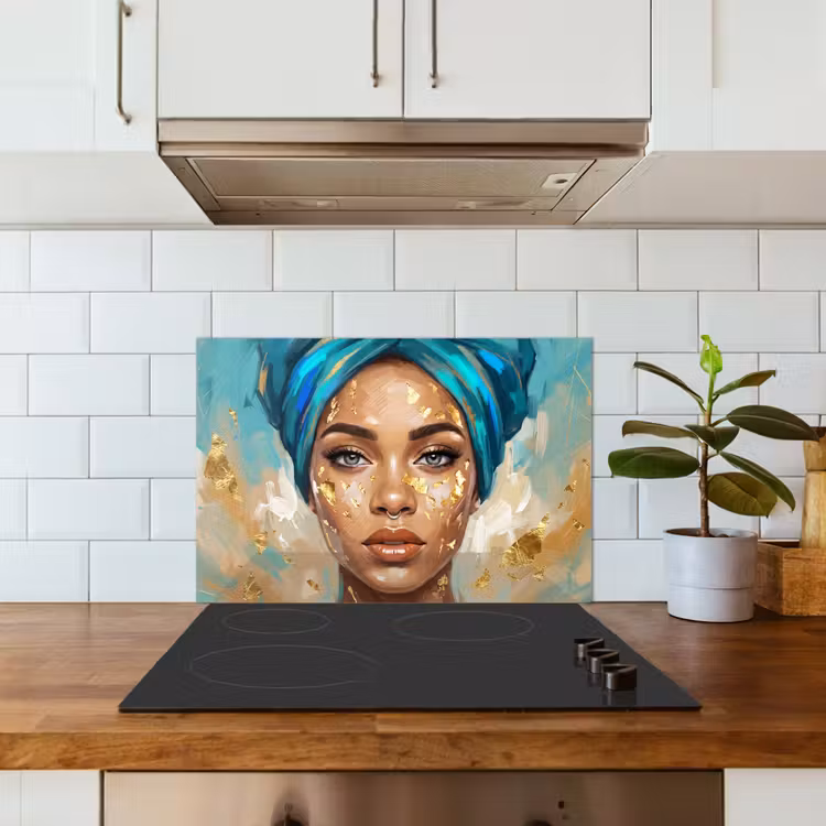 Portret - Vrouw - Schilderij - Blauw - Goud - Expressief keuken achterwand spatscherm klein -sfeer2