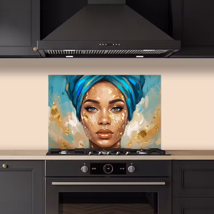 Portret - Vrouw - Schilderij - Blauw - Goud - Expressief keuken achterwand spatscherm klein -sfeer1