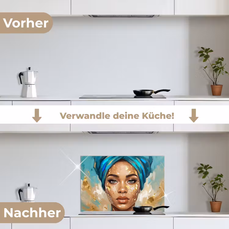 Portret - Vrouw - Schilderij - Blauw - Goud - Expressief keuken achterwand spatscherm klein -voor_na_DE