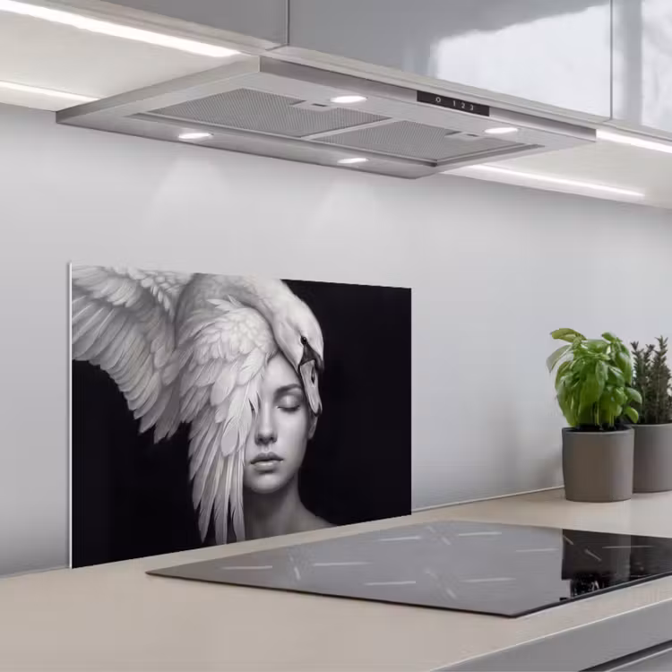 Portret - Zwaan - Zwart - Wit keuken achterwand spatscherm klein -3d_schuin