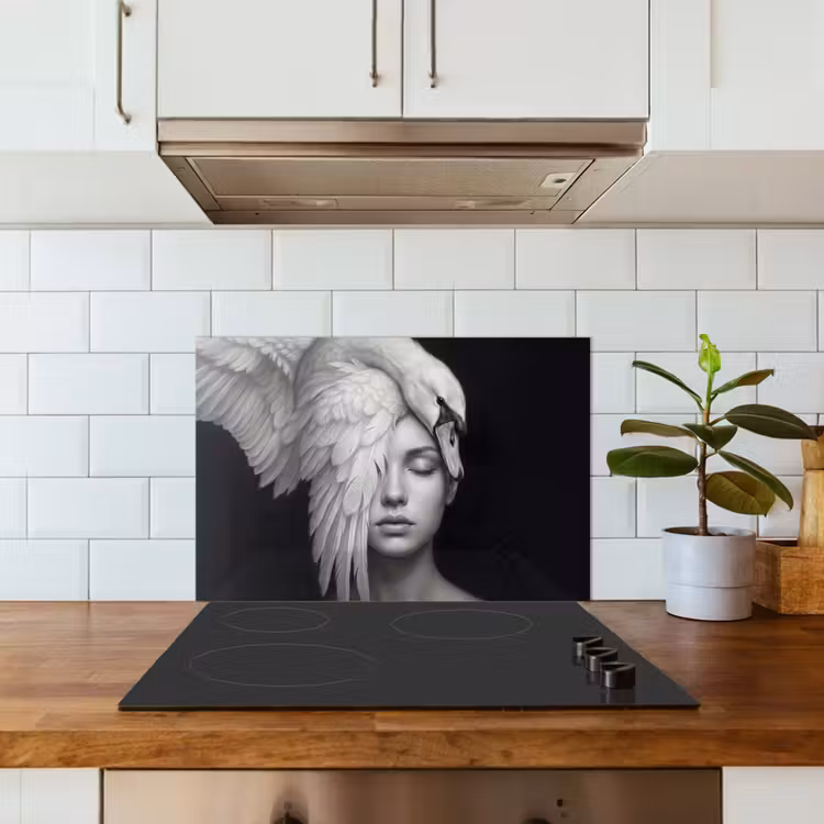 Portret - Zwaan - Zwart - Wit keuken achterwand spatscherm klein -sfeer2