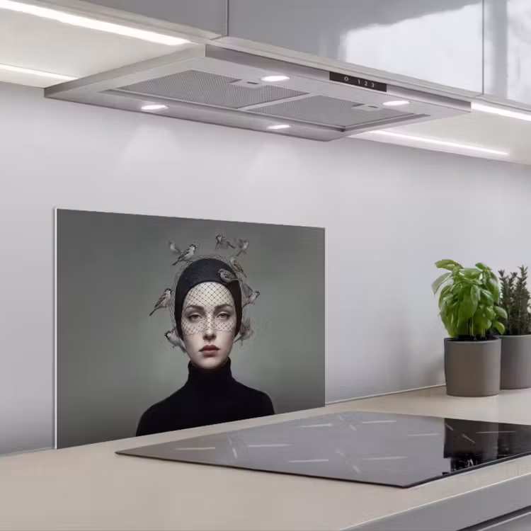 Portret - Vogels - Zwart keuken achterwand spatscherm klein -3d_schuin