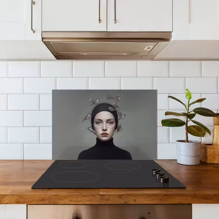 Portret - Vogels - Zwart keuken achterwand spatscherm klein -sfeer2