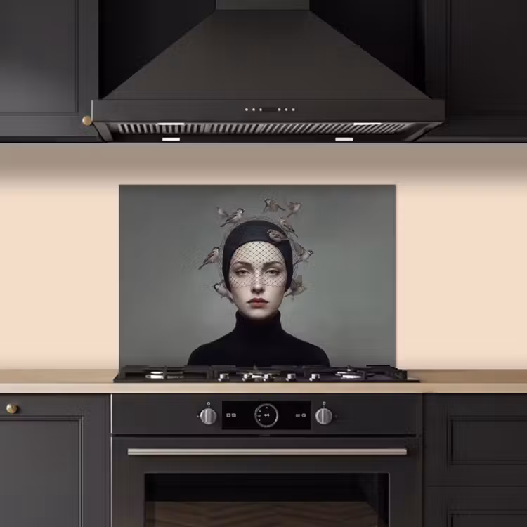 Portret - Vogels - Zwart keuken achterwand spatscherm klein -sfeer1