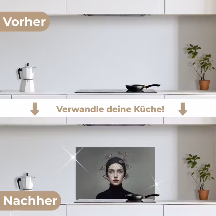 Portret - Vogels - Zwart keuken achterwand spatscherm klein -voor_na_DE