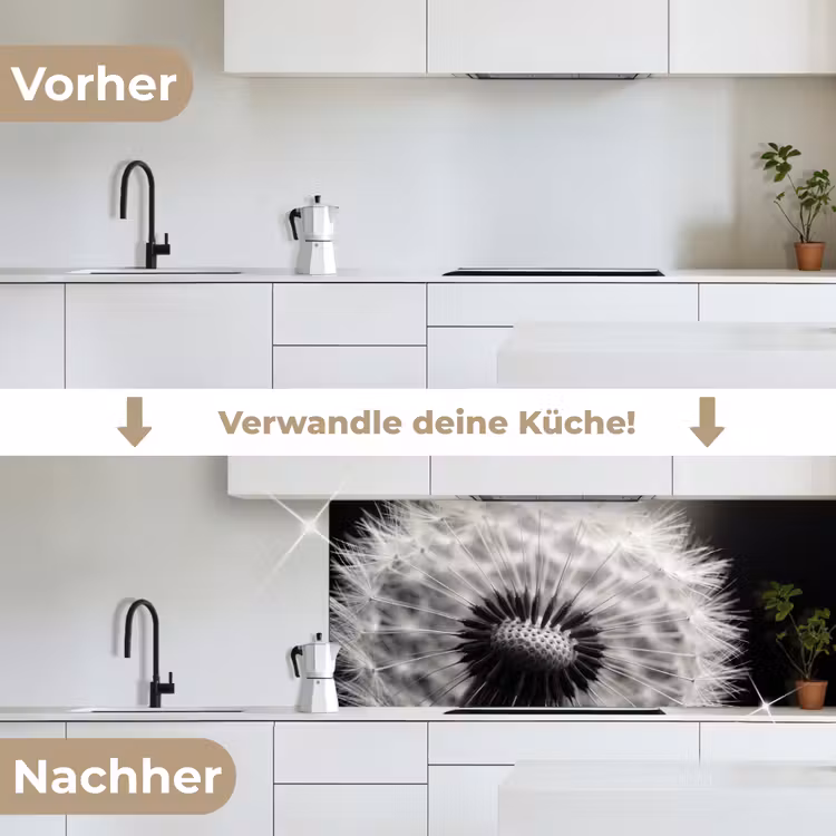 Paardenbloem - Zwart - Wit keuken achterwand 2 middel -voor-na_DE