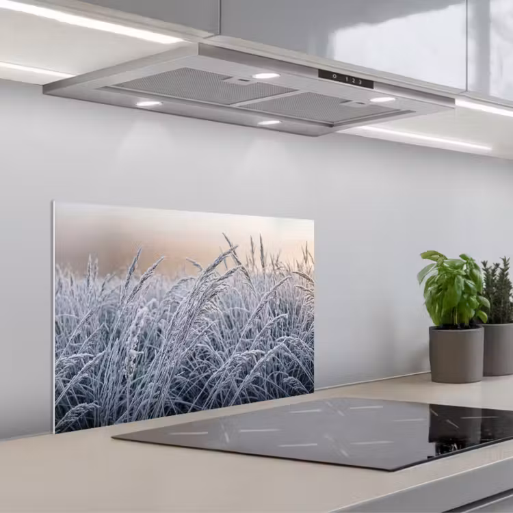 Rijp - Gras - Kristallen - Winter - Minimalistisch keuken achterwand spatscherm klein -3d_schuin