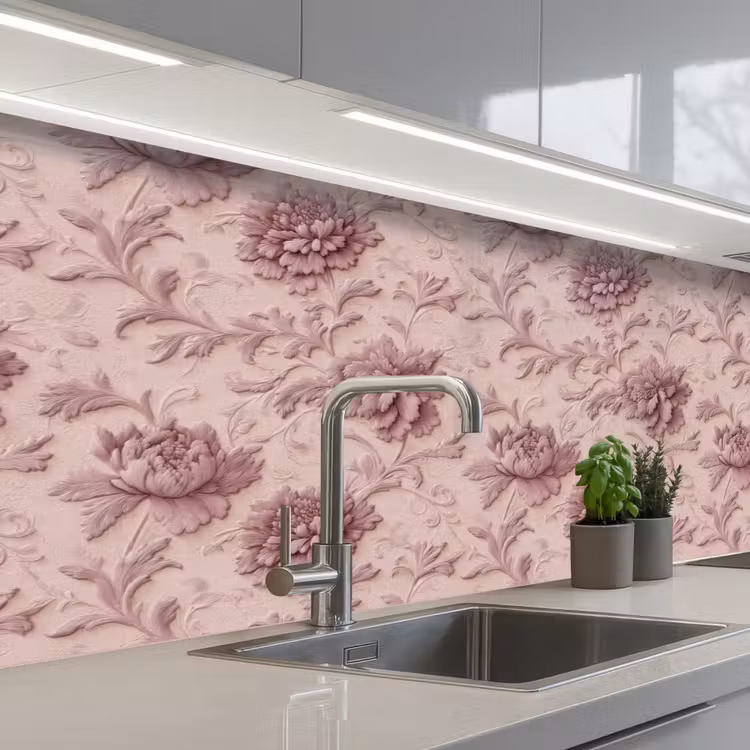 Reliëf - Pioenrozen - Roze keuken achterwand 2 middel 871 -3d_schuin