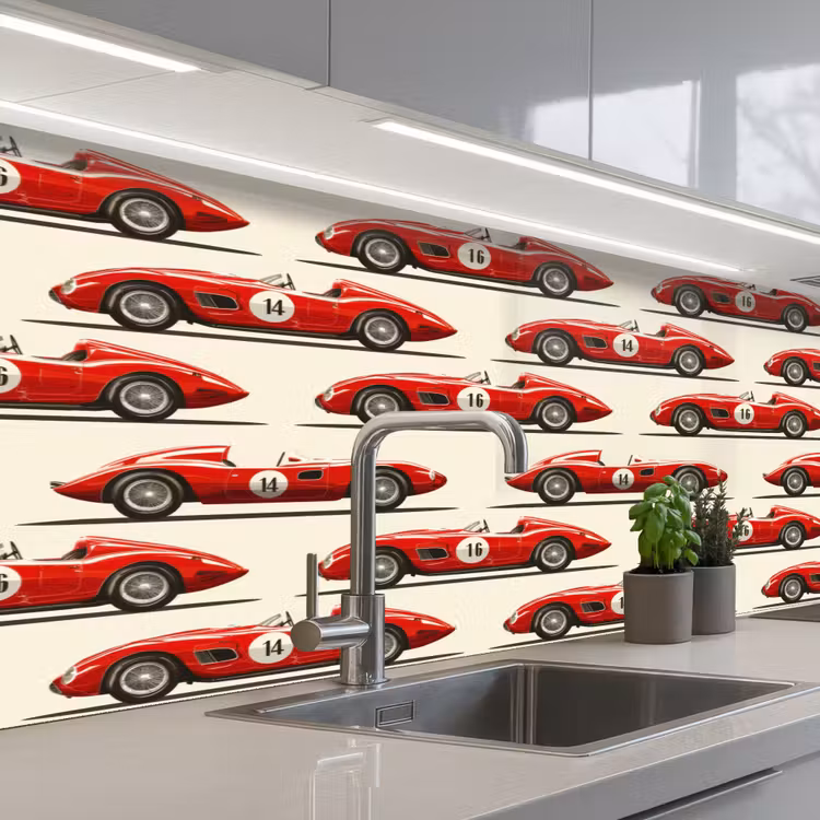 Raceauto - Retro - Rood keuken achterwand 2 middel 871 -3d_schuin