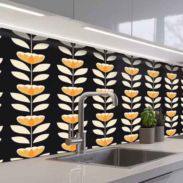 Retro - Bloem - Zwart - Okergeel keuken achterwand 2 middel 871 -3d_schuin