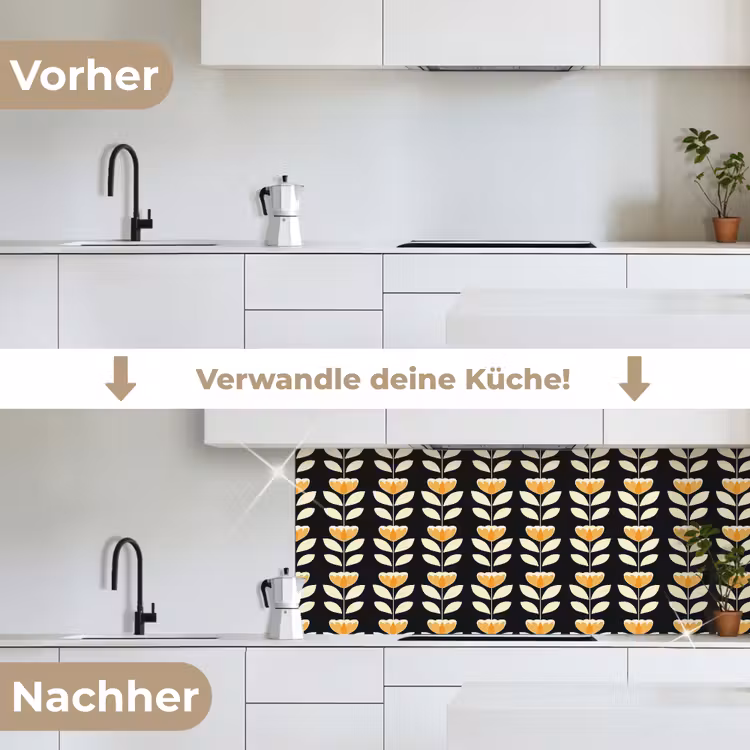 Retro - Bloem - Zwart - Okergeel keuken achterwand 2 middel 871 -voor-na_DE