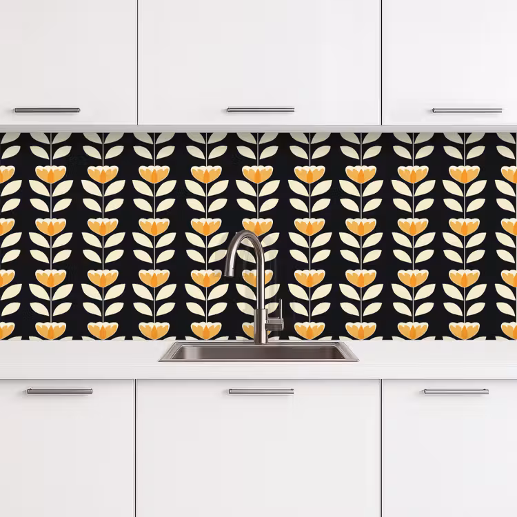 Retro - Bloem - Zwart - Okergeel keuken achterwand 2 middel 871 -3d