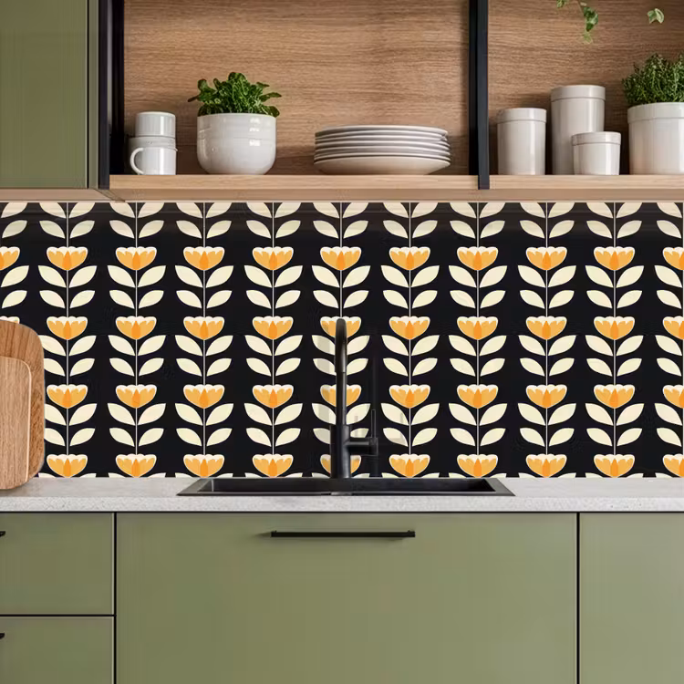 Retro - Bloem - Zwart - Okergeel keuken achterwand 2 middel 871 -sfeer3