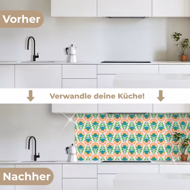 Retro - Bloemen - Design - Groen - Oranje keuken achterwand 2 middel 871 -voor-na_DE