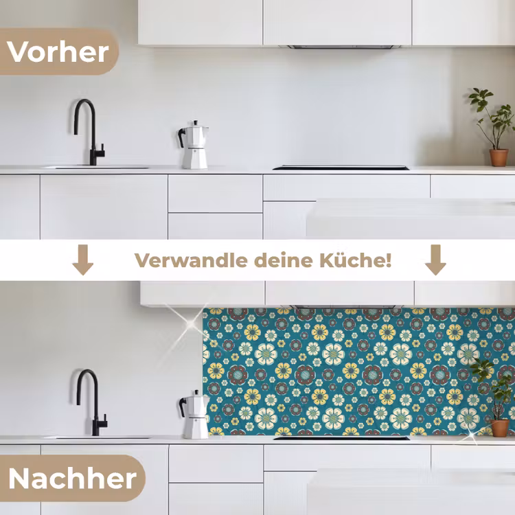 Retro - Bloemen - Patronen - Blauw keuken achterwand 2 middel 871 -voor-na_DE