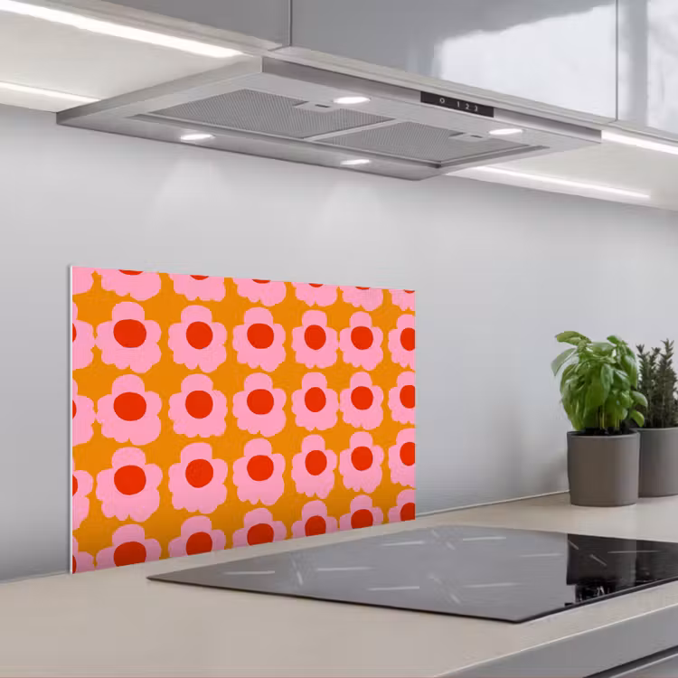 Retro - Bloemen - Roze keuken achterwand spatscherm klein 900 -3d_schuin