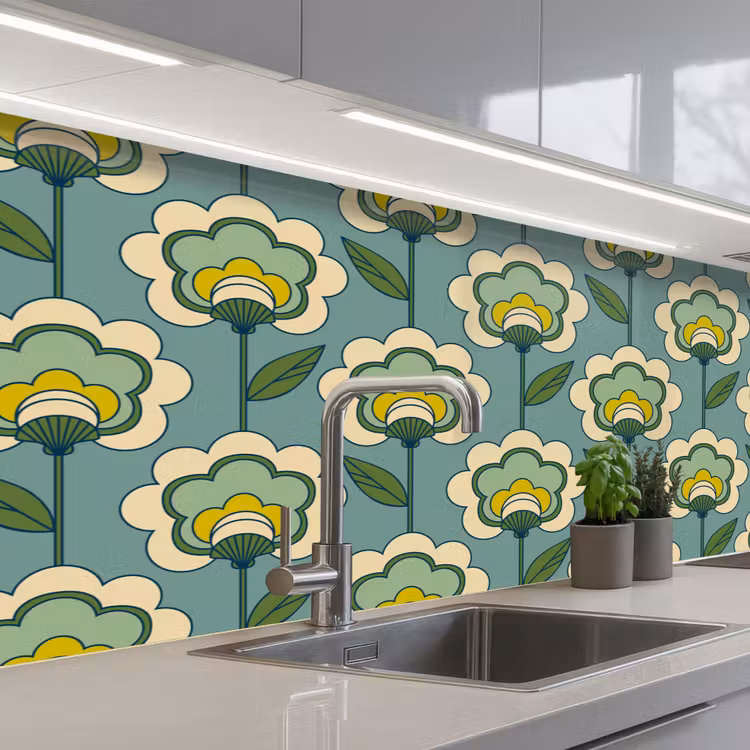 Retro - Design - Jaren 70 - Bloem keuken achterwand 2 middel 871 -3d_schuin