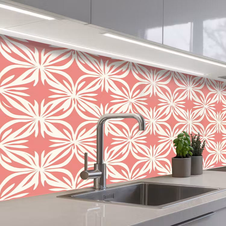 Roze - Bloemenmotief - Wit - Modern keuken achterwand 2 middel 871 -3d_schuin