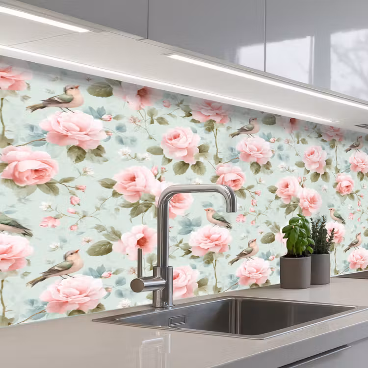 Rozen - Vogels - Pastel - Kleurrijk keuken achterwand 2 middel 871 -3d_schuin