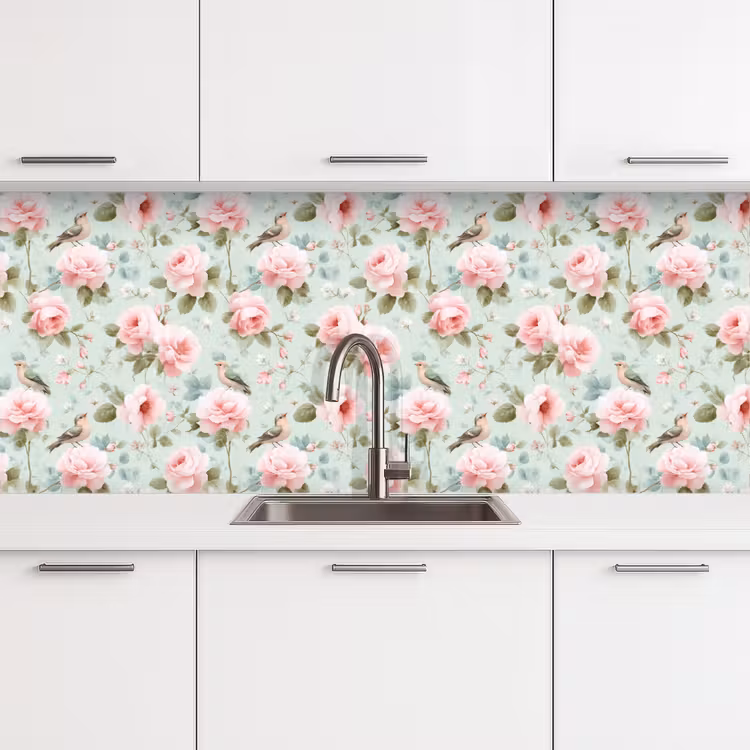 Rozen - Vogels - Pastel - Kleurrijk keuken achterwand 2 middel 871 -3d