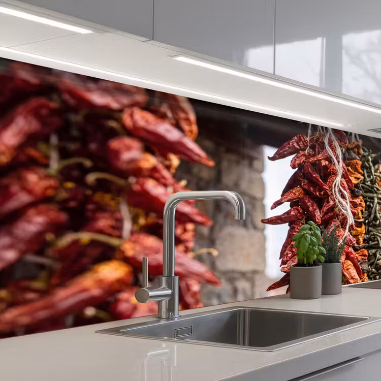 Küchenrückwand - Rote Chilischoten – Essen - Rode pepers - Eten keuken achterwand 2 middel