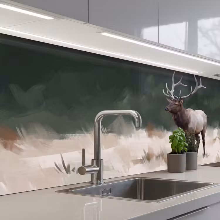 Edelhert - Gewei - Schildering - Rustiek keuken achterwand 2 middel -3d_schuin