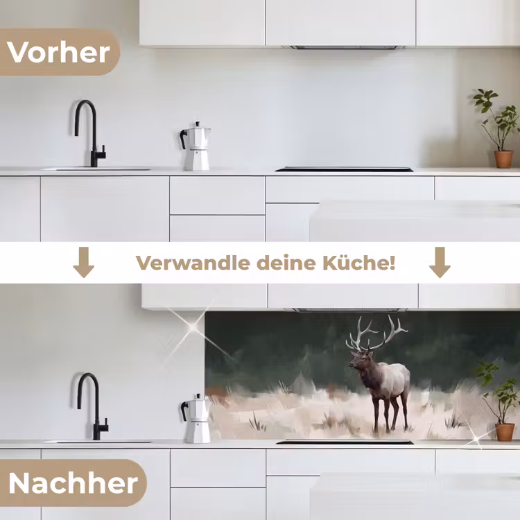 Edelhert - Gewei - Schildering - Rustiek keuken achterwand 2 middel -voor-na_DE