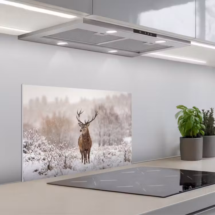 Edelhert - Bos - Sneeuw - Winter - Majestueus keuken achterwand spatscherm klein -3d_schuin