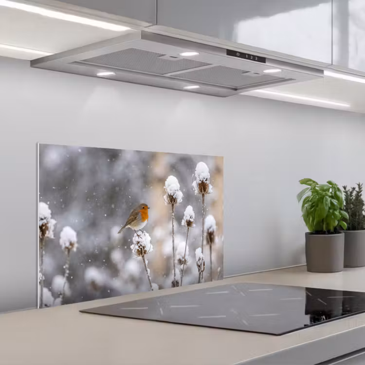 Roodborstje - Gedroogde bloem - Sneeuw - Winter - Vertederend keuken achterwand spatscherm klein -3d_schuin