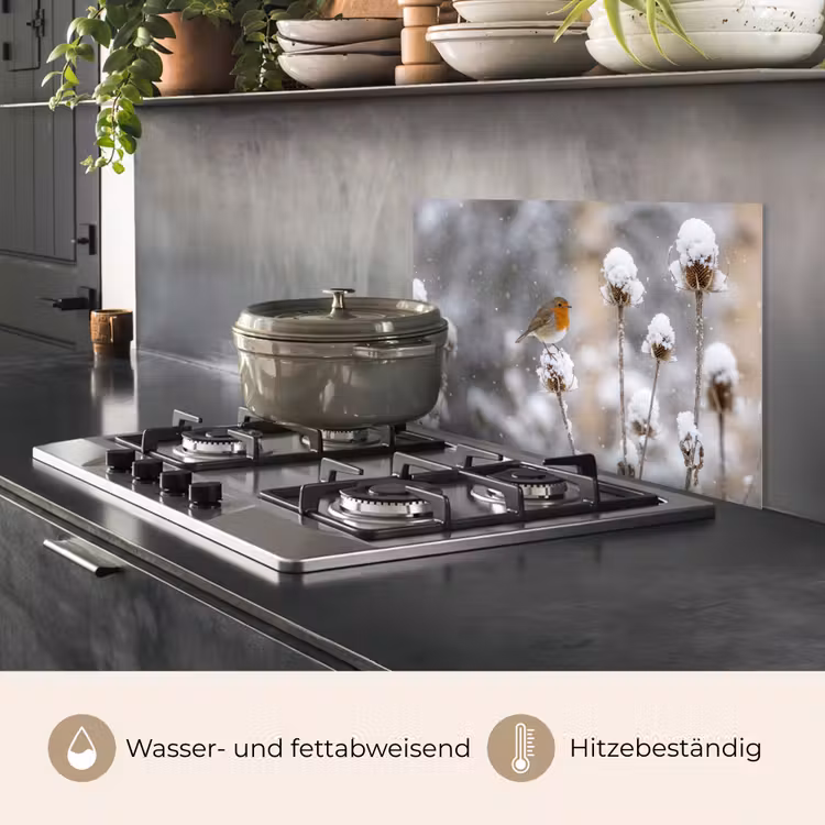 Roodborstje - Gedroogde bloem - Sneeuw - Winter - Vertederend keuken achterwand spatscherm klein -usp_DE